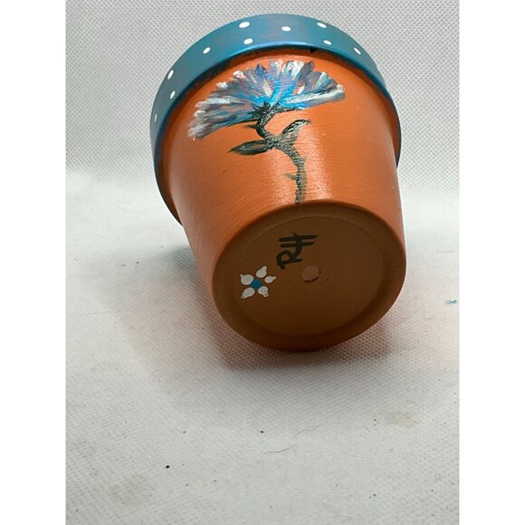 Hand-Painted Clay Flower Pot With Blue Polka Dot Rim & Floral Design - Picture 4 of 6